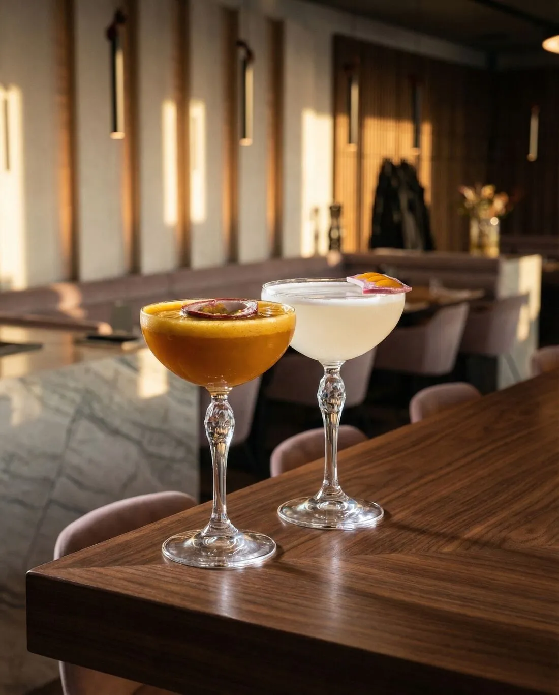 Zwei Cocktails auf einem Holztresen