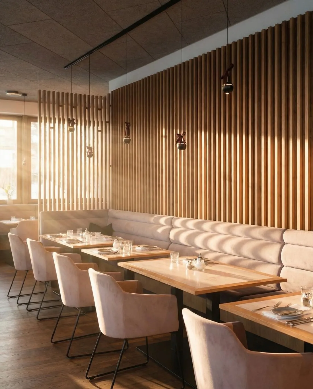 Sitzbank mit Holzlamellen im Morgenlicht