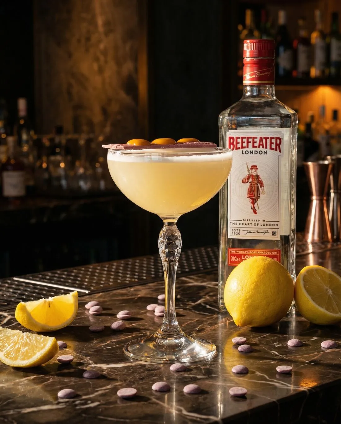 Gin-Cocktail mit Beefeater-Flasche und Zitronen auf Marmor
