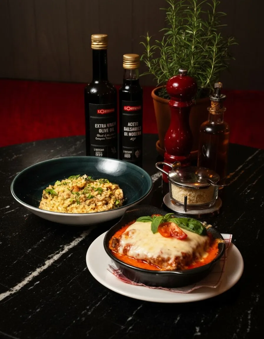 Risotto und Lasagne mit Öl, Balsamico und Rosmarin auf dunklem Marmor